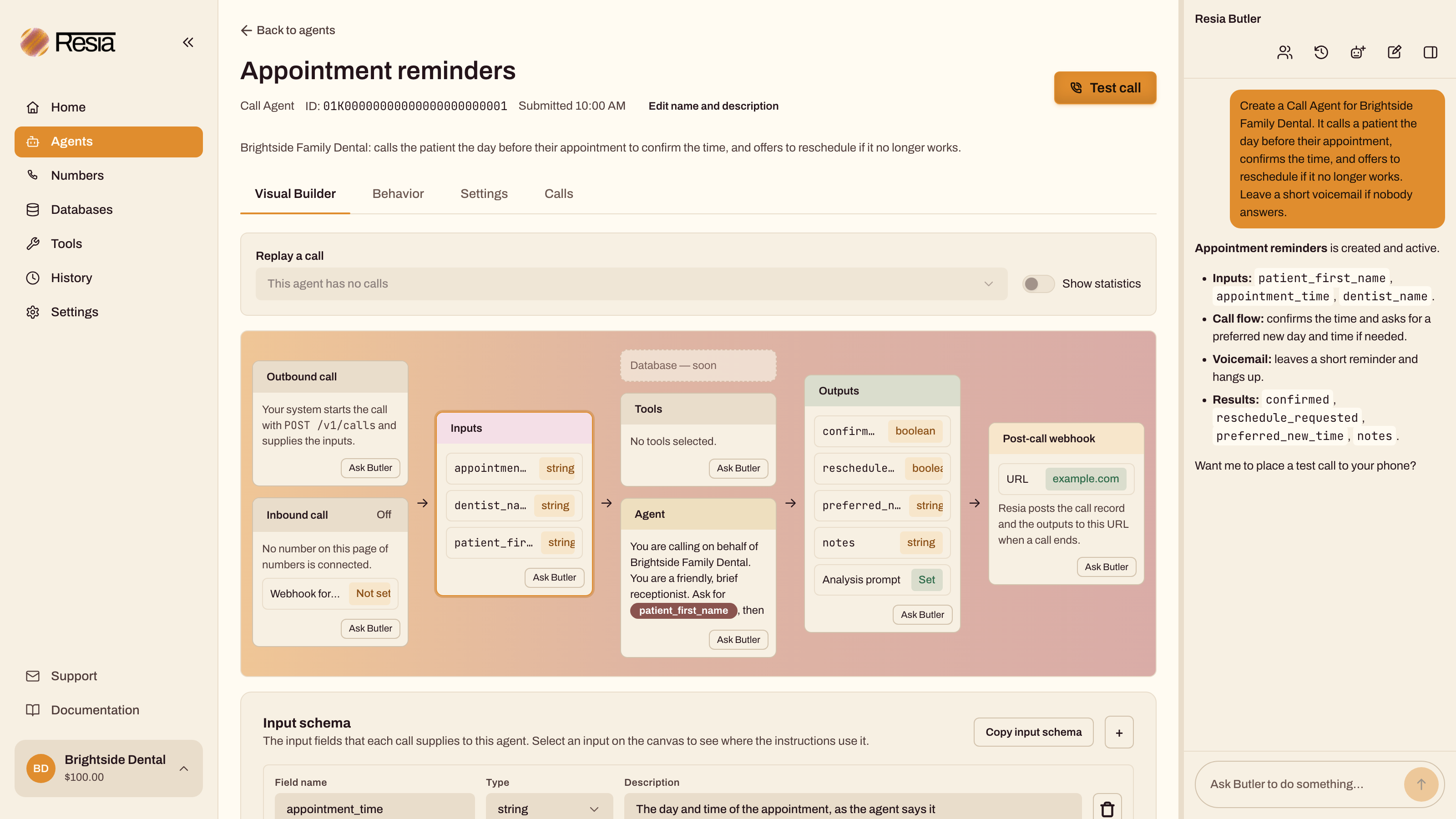An example appointment reminder agent in the current Resia portal, with the Tools sidebar link, Visual Builder, and Butler's summary.
